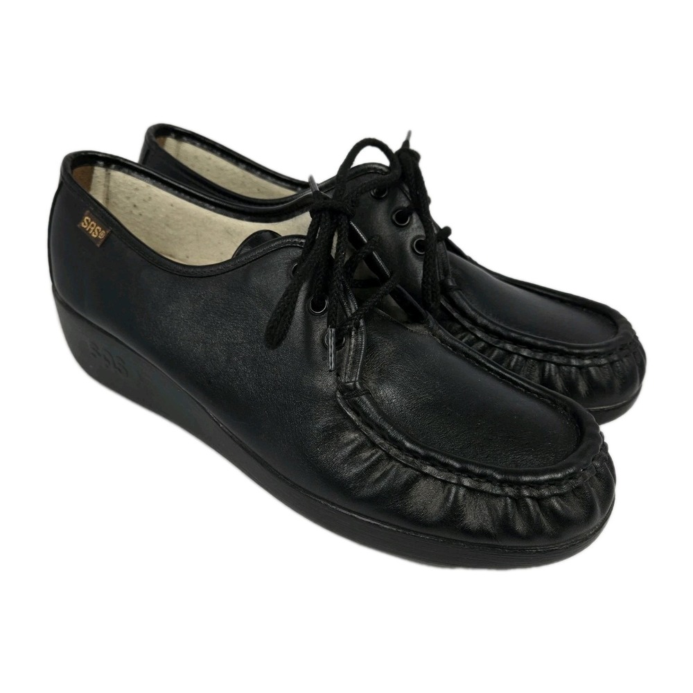 SAS Siesta Classic Black Leather Lace Up Moccasin Loafers Women's Size 10 M
